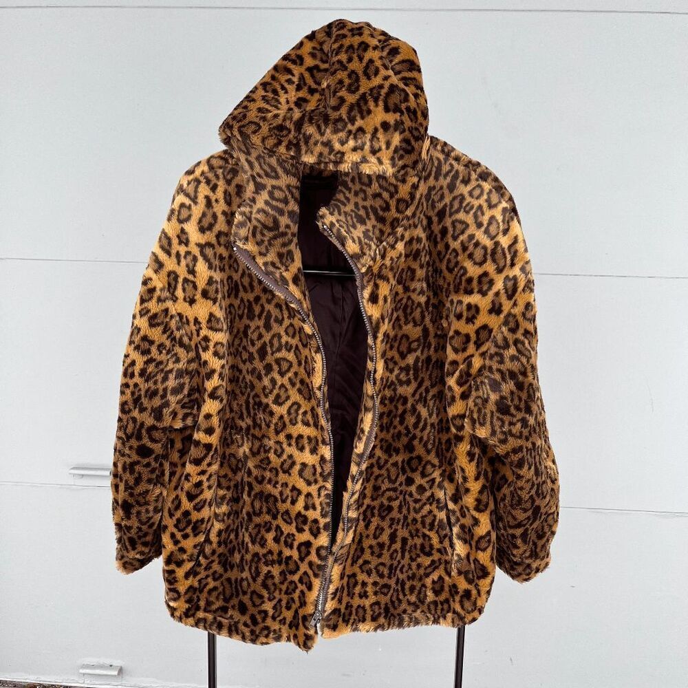 Vintage Jacobson's Leopard Print Faux Fur Hooded Jacket, Size Large